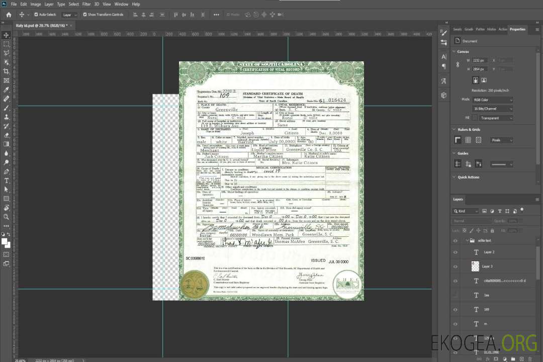 Modèle de certificat de décès de l'État de Caroline du Sud aux États-Unis au format PSD template Modèle de certificat de décès de l'État de Caroline du Sud aux États-Unis au format PSD template